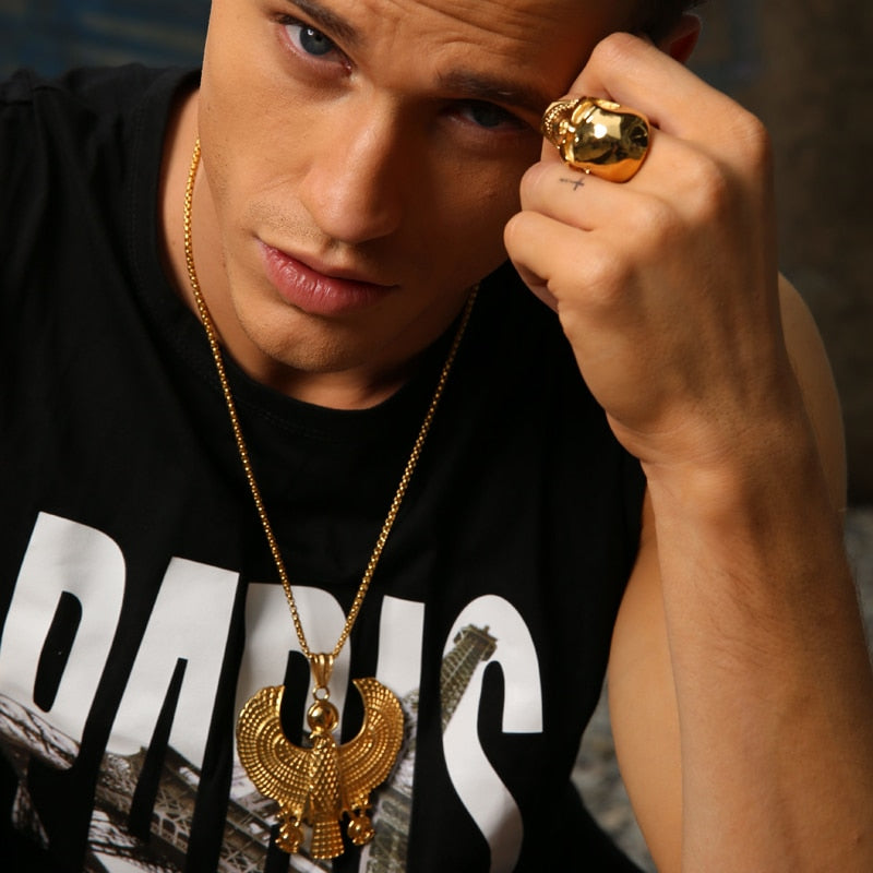 Egyptian Horus Bird Falcon Holding Ankh Men Necklaces Pendant Gold Color Steel Hiphop Jewelry  24&quot;Chain