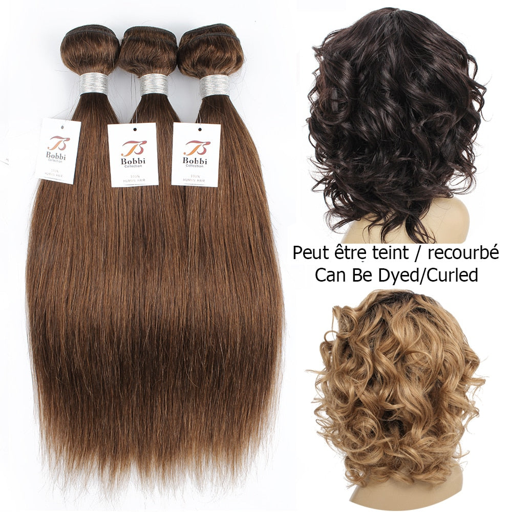 Dark Brown Straight Hair 2/3 Bundles with 4x4 Lace Closure Remy Human Hair Weave 12-24 inch BOBBI COLLECTION