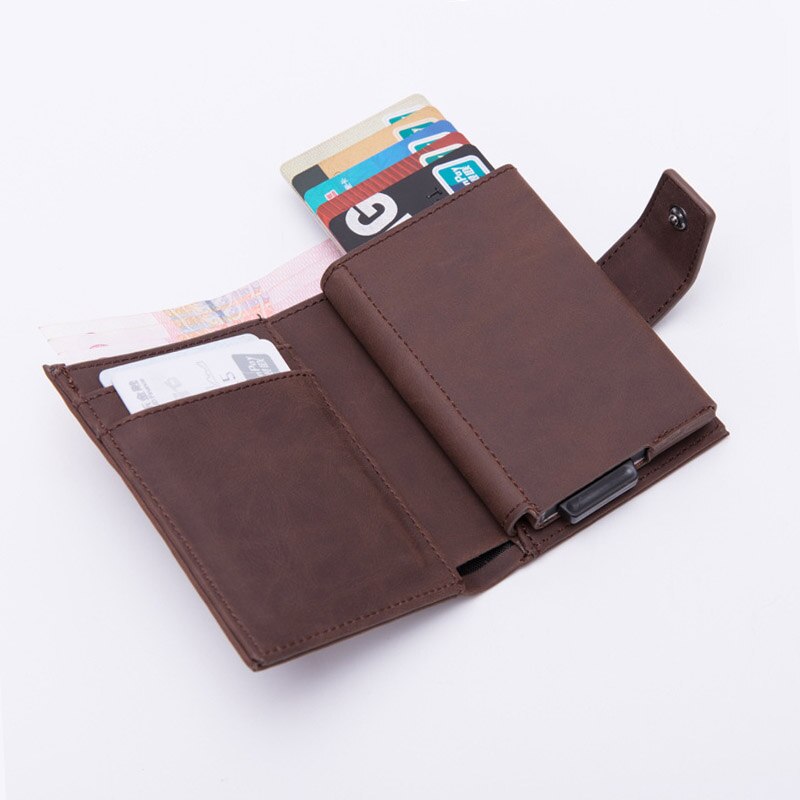 DIENQI Credit Card Holder Men Women Metal RFID Anti-magnetic Vintage Aluminium Crazy Horse PU Leather Card Wallet Coin Purses