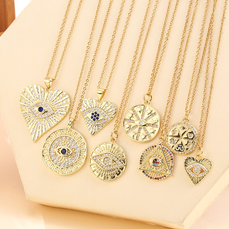 Vintage Stainless Steel Chain Copper Gold Plated Demon Eye Pendant Necklace For Women Charm Female Religious Belief Jewelry