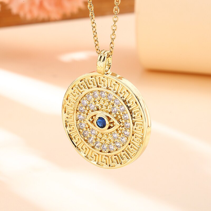 Vintage Stainless Steel Chain Copper Gold Plated Demon Eye Pendant Necklace For Women Charm Female Religious Belief Jewelry