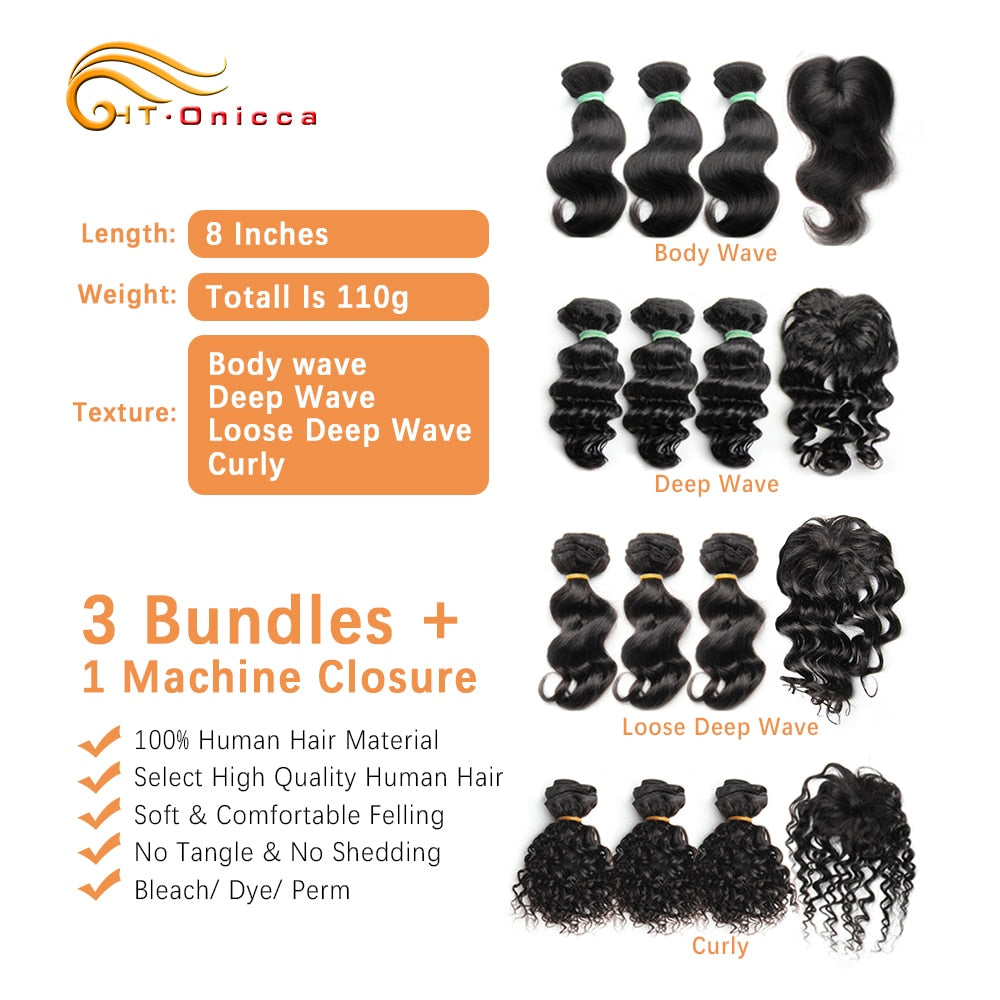 Brazilian Body Wave Hair 3 bundles With Closure 8inch Remy Human Hair Extensions Human Hair Bundles With Closure Natural Color