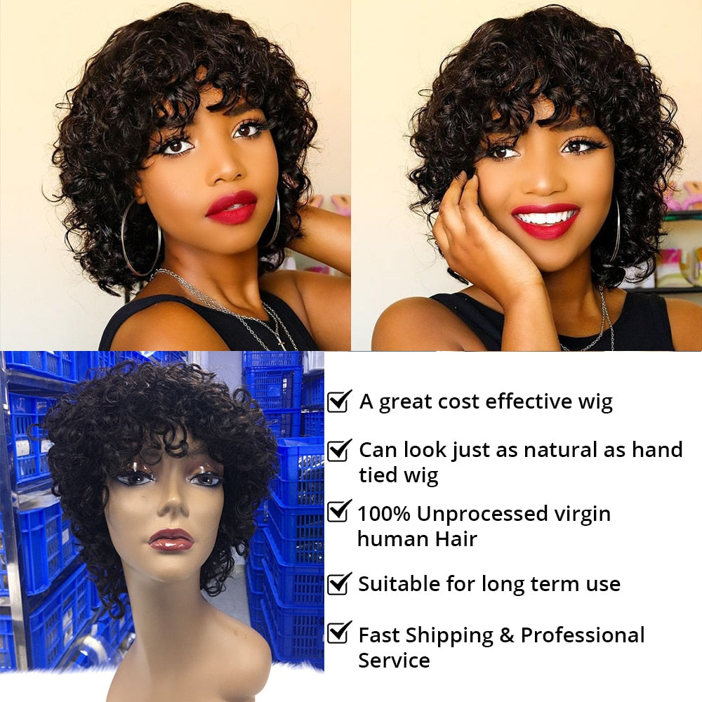 Pixie Cut Wig Human Hair Short Curly Human Hair Wigs For Women Human Hair Cheap Full Machine Wigs Short Curly Bob Wig With Bangs