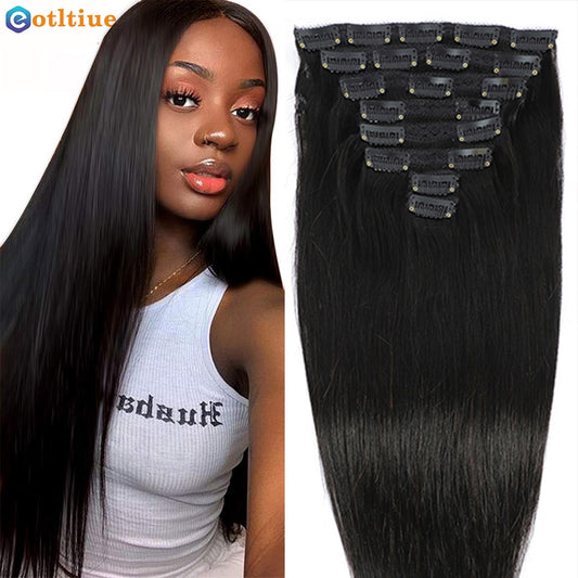 Eotltiue Brazilian Remy Straight Hair Clip In Human Hair Extensions Natural Color 8Pieces/Sets Full Head 120G For Black Women