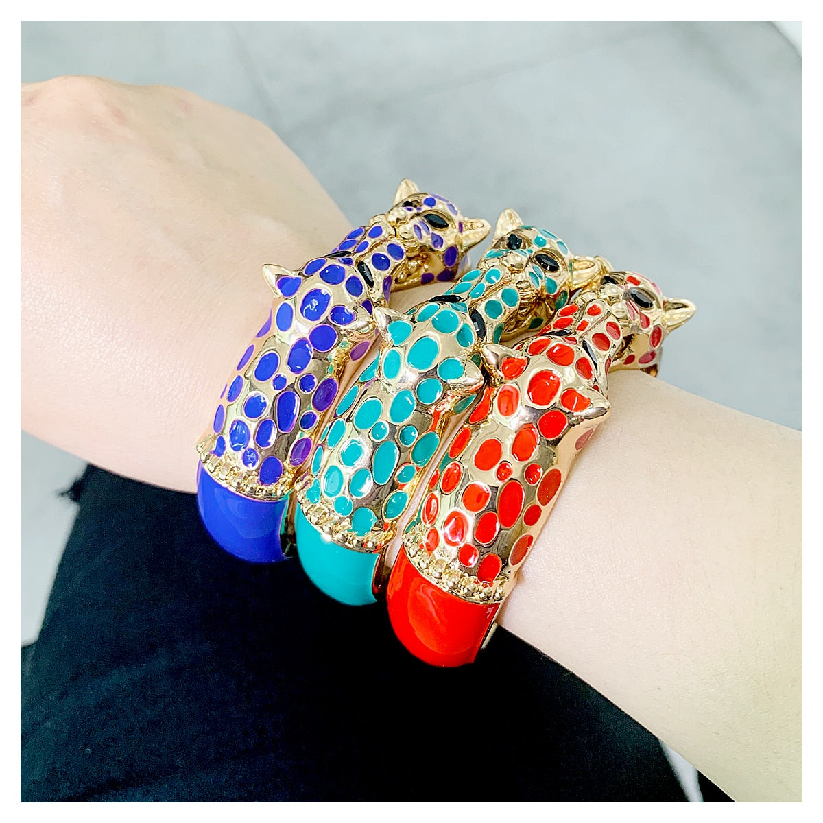 KAYMEN New Fashion Statement Animal Enamel Cuff Bracelets Bangle Gold Plated Colourful Double Leopards Bracelet for Women