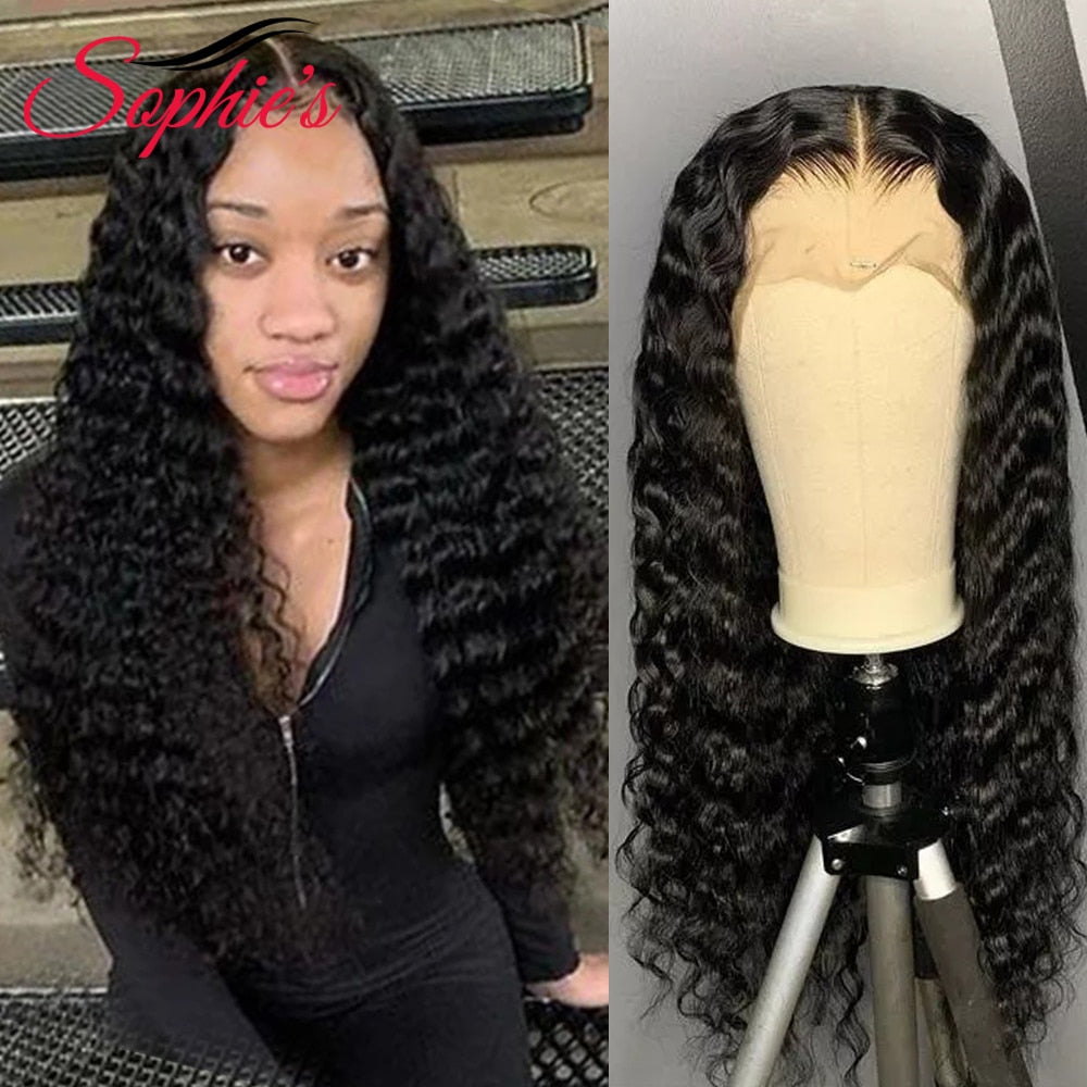 Sophies Deep Wave 4*4 Lace Closure Human Hair Wigs For Black Women Pre Plucked Hairline 150% Density Brazilian Non-Remy Hair