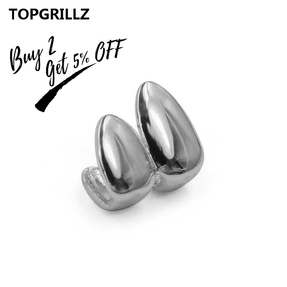 TOPGRILLZ Double Caps Yellow Gold Color Plated Grillz Canine Plain Two Teeth Right Top Single Caps Grills