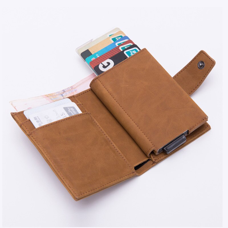 DIENQI Credit Card Holder Men Women Metal RFID Anti-magnetic Vintage Aluminium Crazy Horse PU Leather Card Wallet Coin Purses