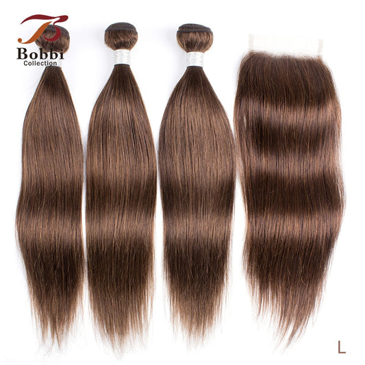 Dark Brown Straight Hair 2/3 Bundles with 4x4 Lace Closure Remy Human Hair Weave 12-24 inch BOBBI COLLECTION
