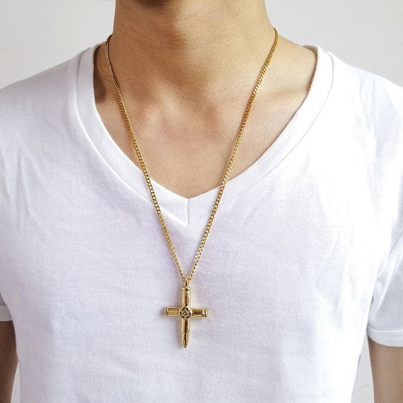 Vnox Cross Pendants for Men Guard Series Necklace Gold Color Stainless Steel Male Collares 24&quot; Chain