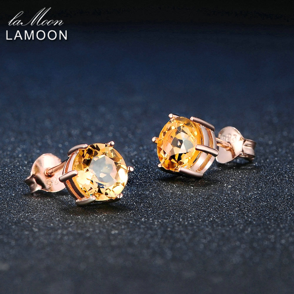 LAMOON 925 Sterling Silver Earrings For Women Citrine Gemstone Minimalist Earrings Rose Gold Plated Fine Jewelry LMEI027