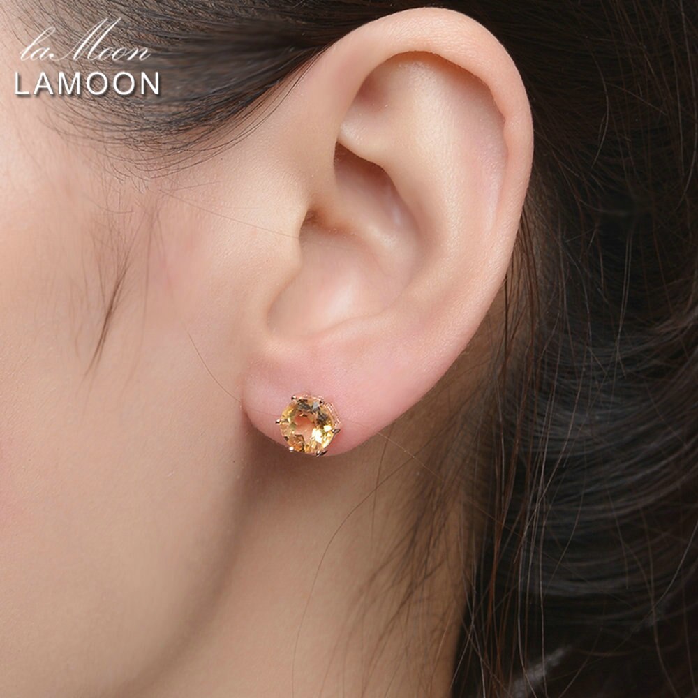 LAMOON 925 Sterling Silver Earrings For Women Citrine Gemstone Minimalist Earrings Rose Gold Plated Fine Jewelry LMEI027