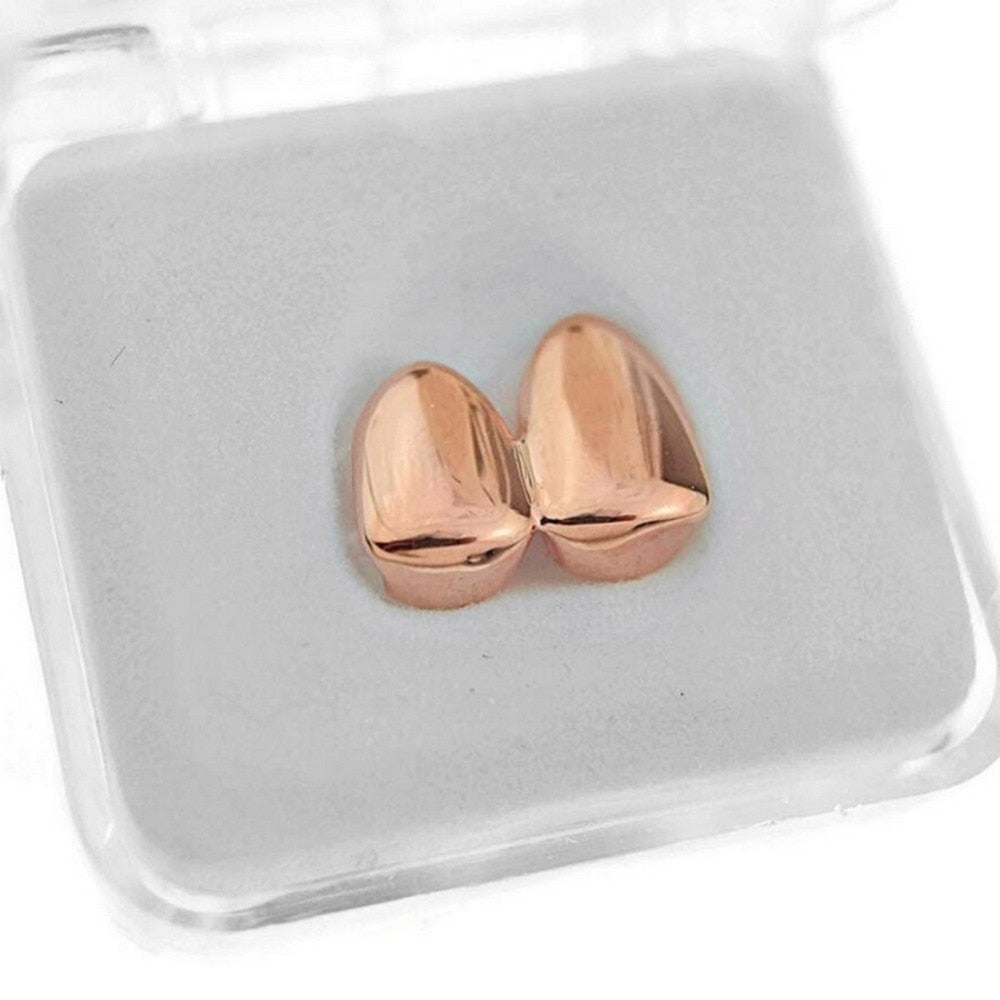 TOPGRILLZ Double Caps Yellow Gold Color Plated Grillz Canine Plain Two Teeth Right Top Single Caps Grills