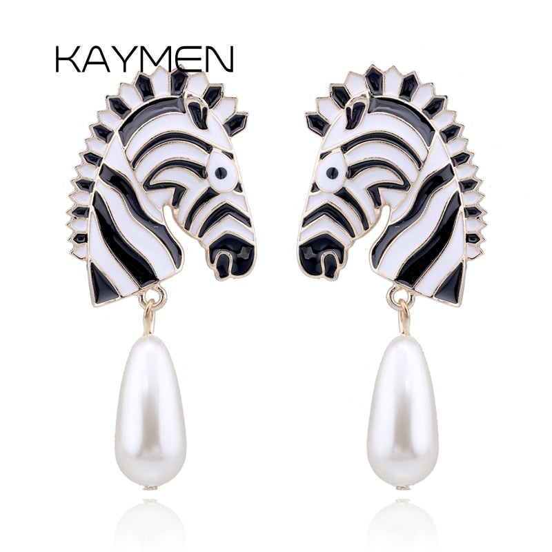 KAYMEN New Gold-Plated Zebra Stud Earrings with Waterdrop Pearls Earrings for Girls Women, Colorful Animal Statement Earrings