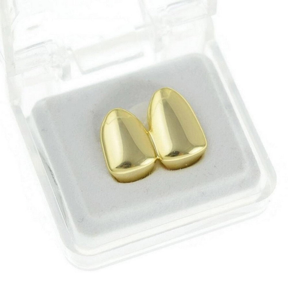 TOPGRILLZ Double Caps Yellow Gold Color Plated Grillz Canine Plain Two Teeth Right Top Single Caps Grills