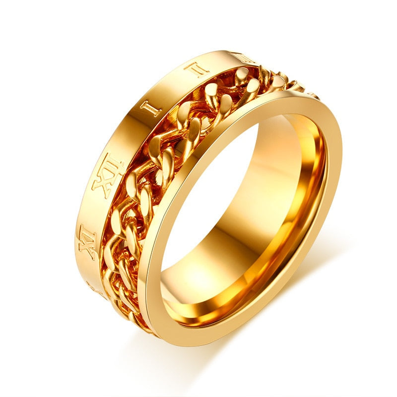 Men&#39;s Rings, Roman Number with Cuban Chain Band, 8MM Stainless Steel Spinner Ring ,Male Jewelry