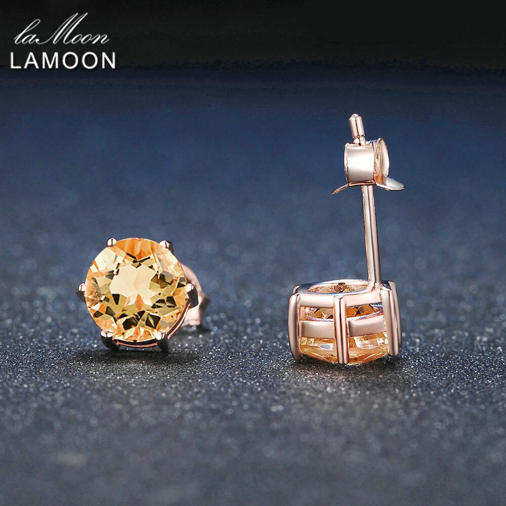 LAMOON 925 Sterling Silver Earrings For Women Citrine Gemstone Minimalist Earrings Rose Gold Plated Fine Jewelry LMEI027