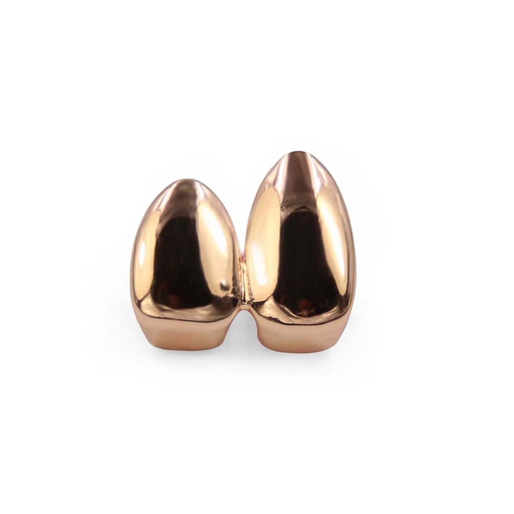 TOPGRILLZ Double Caps Yellow Gold Color Plated Grillz Canine Plain Two Teeth Right Top Single Caps Grills