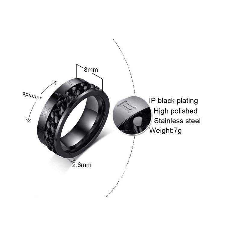 Men&#39;s Rings, Roman Number with Cuban Chain Band, 8MM Stainless Steel Spinner Ring ,Male Jewelry