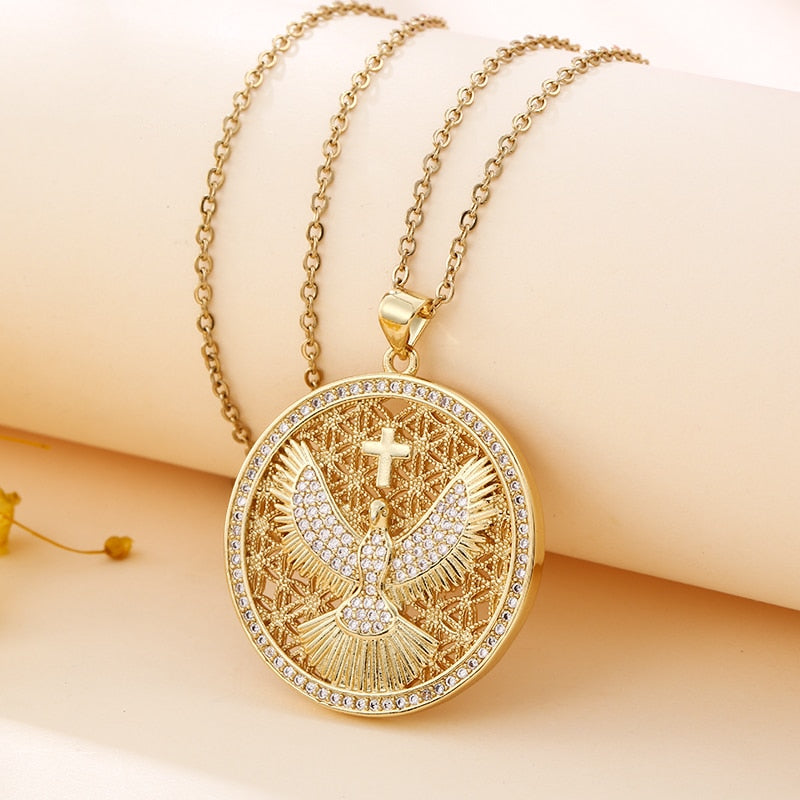 Vintage Stainless Steel Chain Gold Plated Copper Eagle Cross God Guardian Pendant Necklace Charm Female CZ Jewelry gift