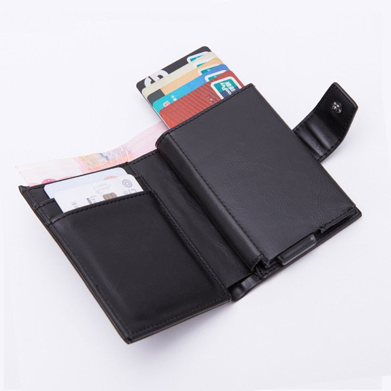 DIENQI Credit Card Holder Men Women Metal RFID Anti-magnetic Vintage Aluminium Crazy Horse PU Leather Card Wallet Coin Purses