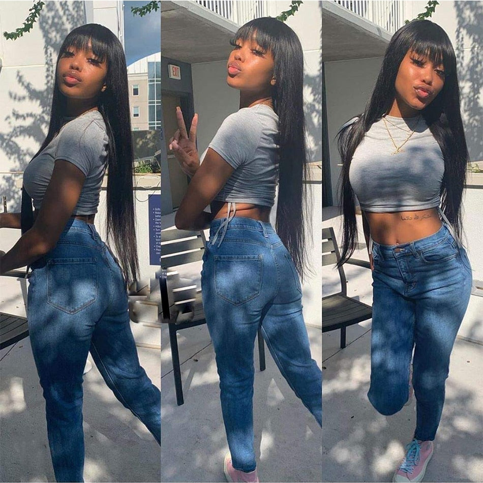 Straight Human Hair Wigs with Bangs Full Machine Wigs for Women Brazilian Hair Wigs with Bangs Cheap Natural Black Fringe Wig