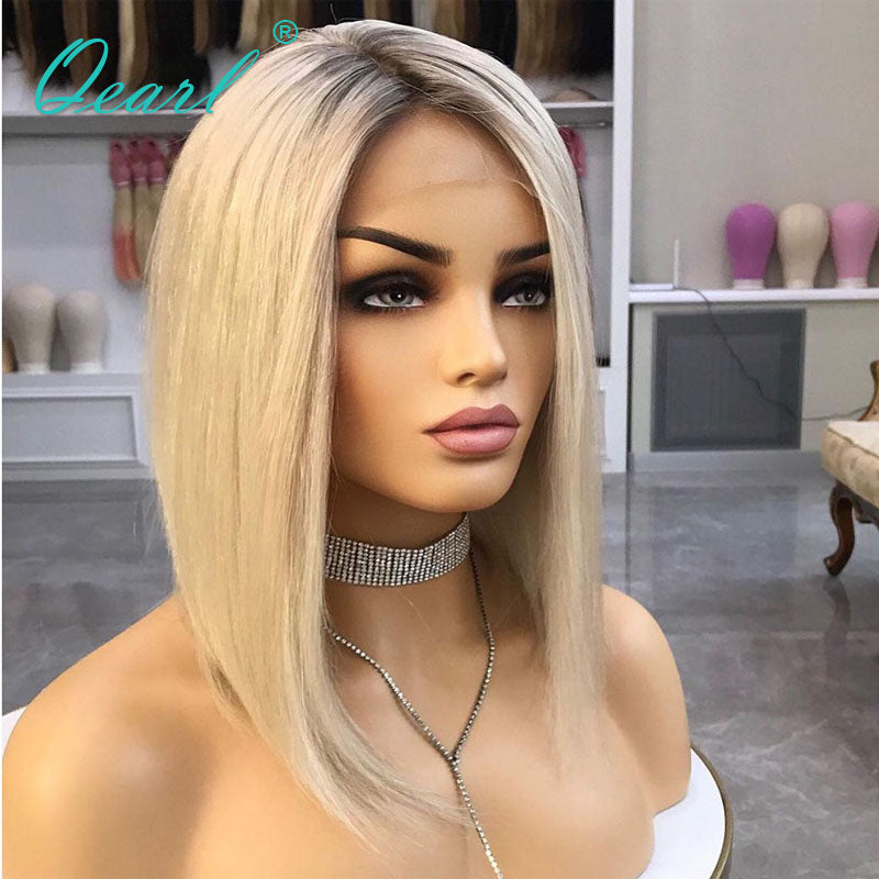 Ashy Grey Blonde Human Hair Lace Front Wig Short Bob Straight HD Lace Frontal Wigs Platinum White Highlights Glueless 13x1 Qearl