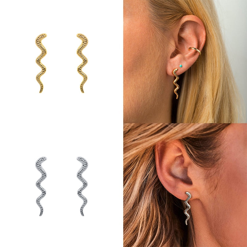 CANNER Real 925 Sterling Silver 18K Gold Plated Snake Stud Earrings For Women Small Piercing Earring Earings Jewelry Pendientes