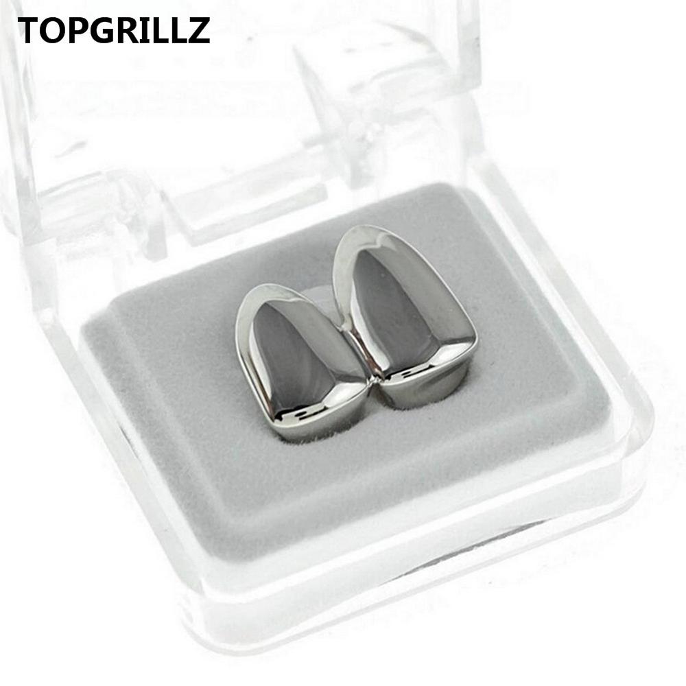 TOPGRILLZ Double Caps Yellow Gold Color Plated Grillz Canine Plain Two Teeth Right Top Single Caps Grills