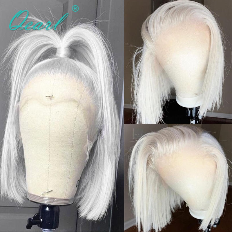 Short Bob Straight Human Hair Wig White Blonde Lace Frontal Wig for Women Ash Colored Virgin Hair 150% Lace Front Wig 13x1 Qearl