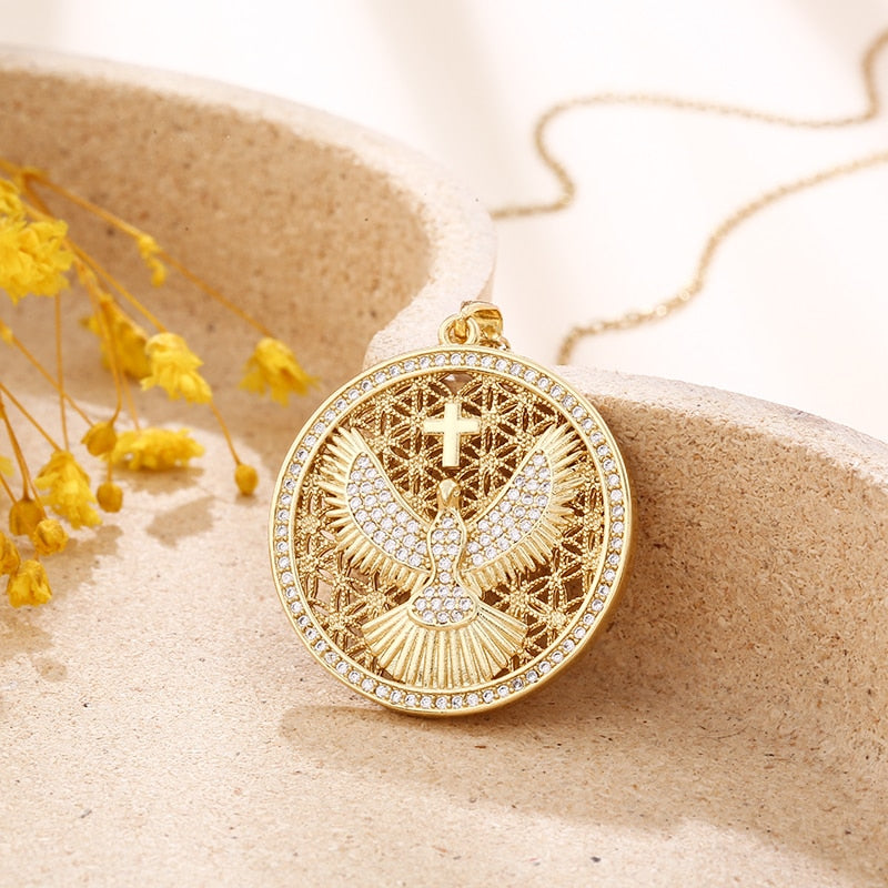 Vintage Stainless Steel Chain Gold Plated Copper Eagle Cross God Guardian Pendant Necklace Charm Female CZ Jewelry gift