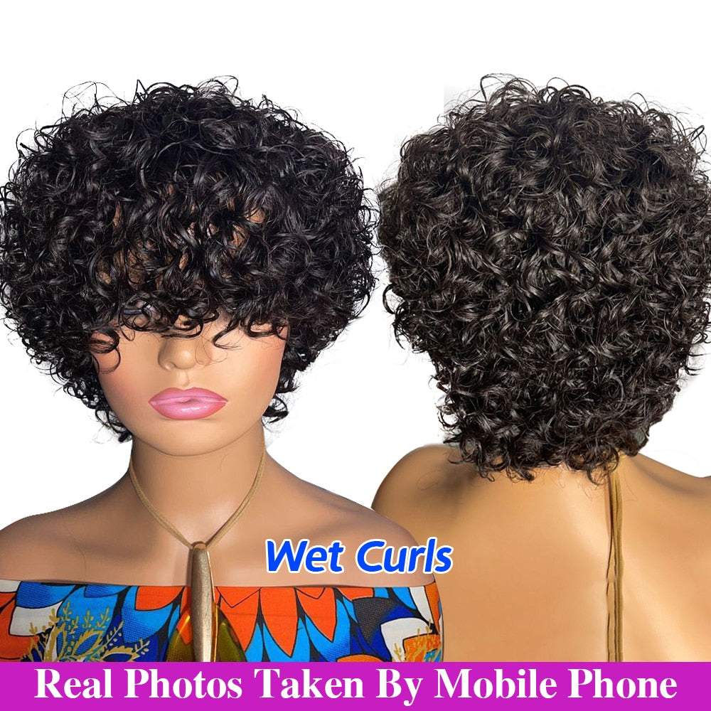 Pixie Cut Wig Human Hair Short Curly Human Hair Wigs For Women Human Hair Cheap Full Machine Wigs Short Curly Bob Wig With Bangs