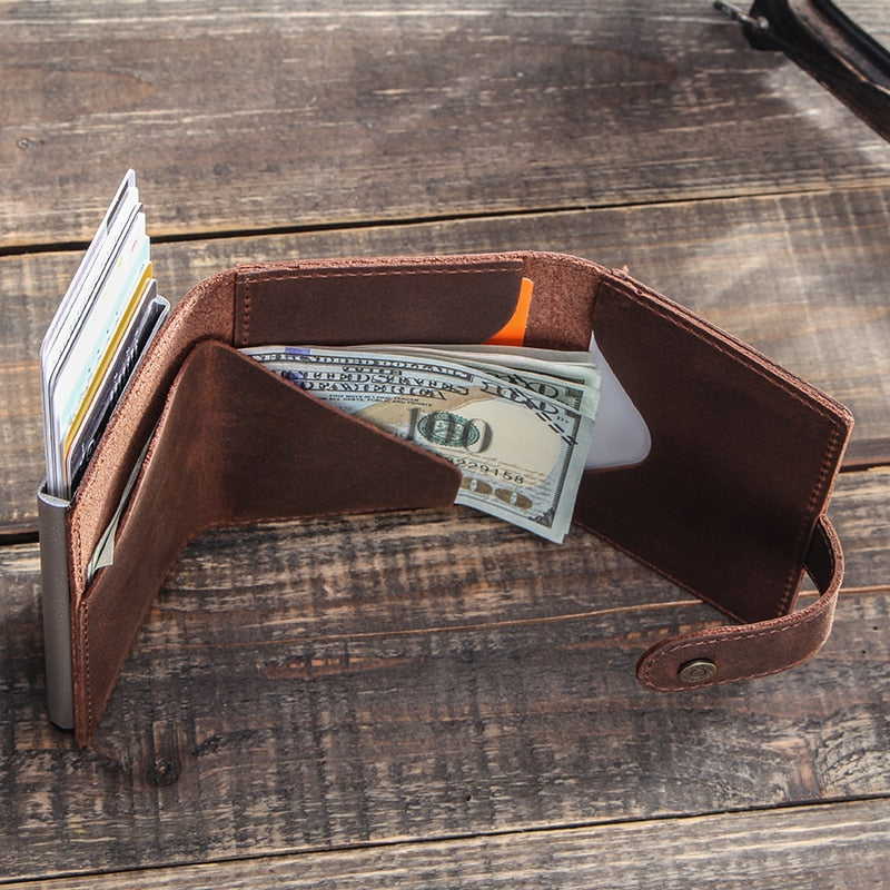 Crazy Horse Leather Card Holder Wallet Men Automatic Pop Up ID Card Case Male Coin Purse Aluminium Box RFID Blocking