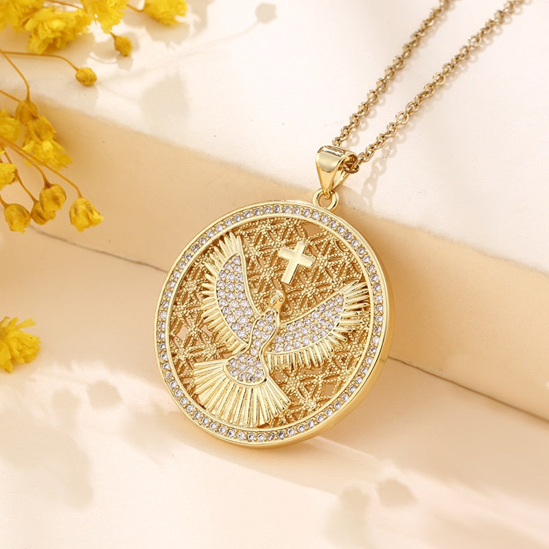 Vintage Stainless Steel Chain Gold Plated Copper Eagle Cross God Guardian Pendant Necklace Charm Female CZ Jewelry gift