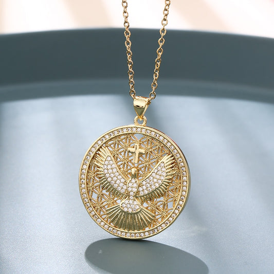 Vintage Stainless Steel Chain Gold Plated Copper Eagle Cross God Guardian Pendant Necklace Charm Female CZ Jewelry gift