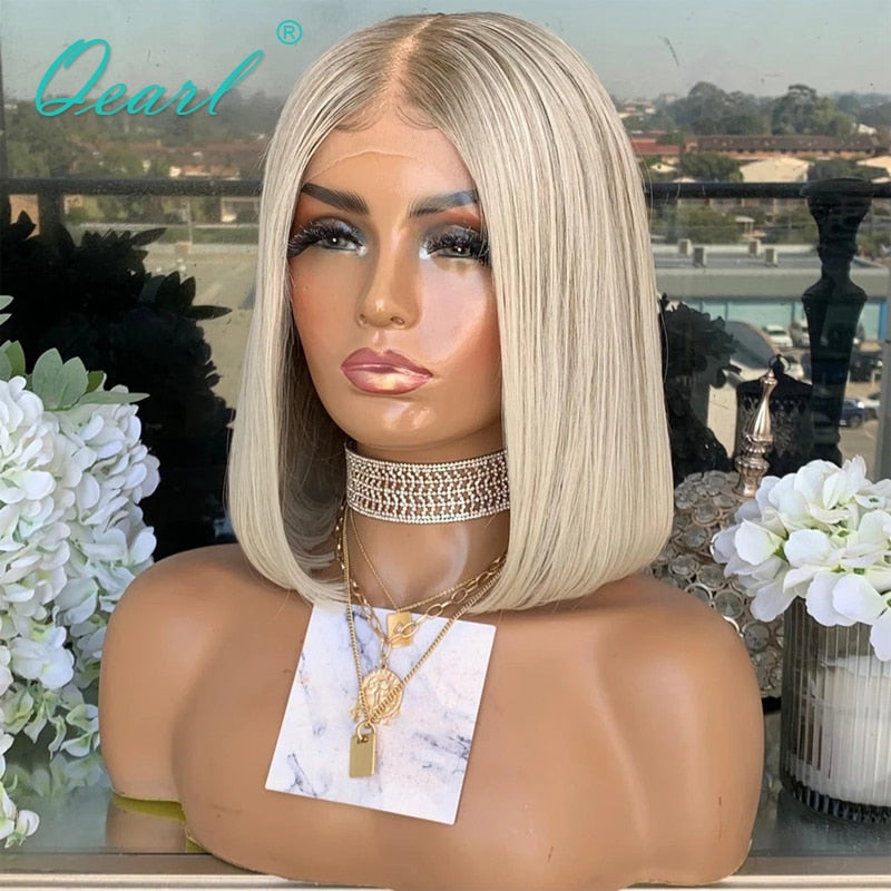 Ashy Grey Blonde Human Hair Lace Front Wig Short Bob Straight HD Lace Frontal Wigs Platinum White Highlights Glueless 13x1 Qearl