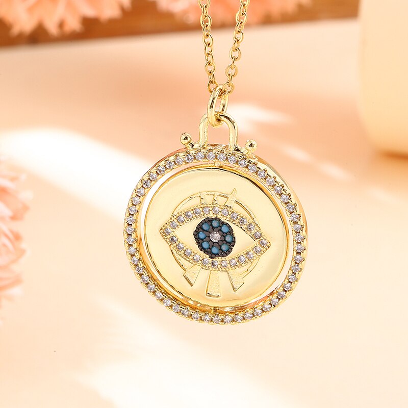 Vintage Stainless Steel Chain Copper Gold Plated Demon Eye Pendant Necklace For Women Charm Female Religious Belief Jewelry