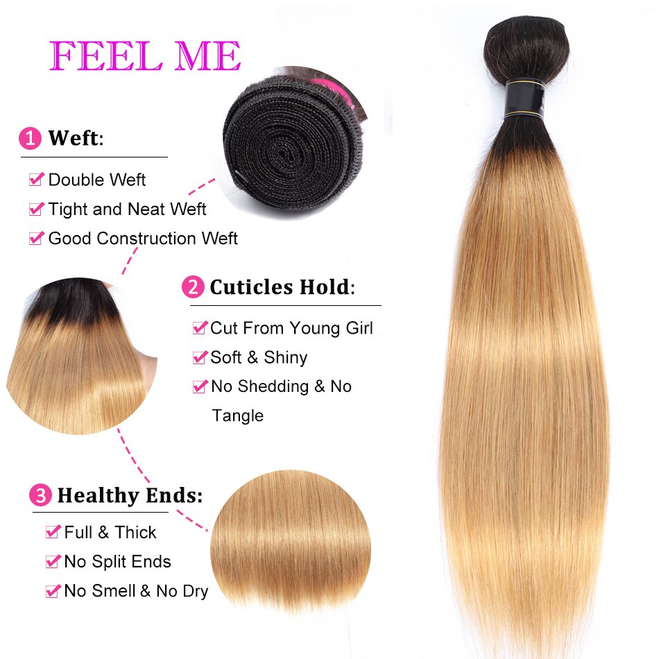 FeelMe 3/4PCS Ombre Bundles With Closure Brazilian Straight Human Hair Bundles With Closure T1b/27 Remy Hair Weave Extensions