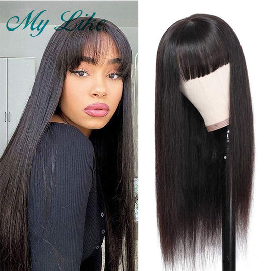 Straight Human Hair Wigs with Bangs Full Machine Wigs for Women Brazilian Hair Wigs with Bangs Cheap Natural Black Fringe Wig