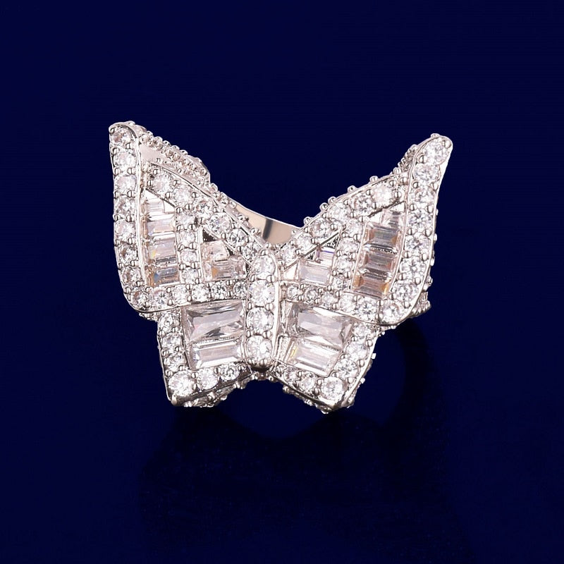 Bubble Letter Butterfly Rings for Women Iced Out Real Gold Plated Hip Hop Jewelry 2022 Trend