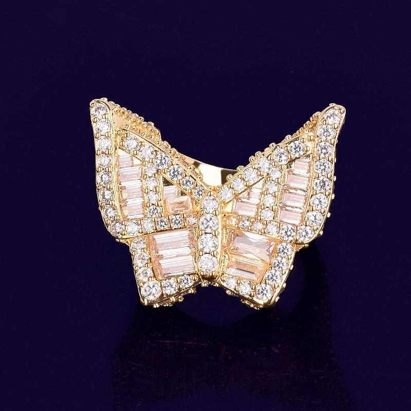Bubble Letter Butterfly Rings for Women Iced Out Real Gold Plated Hip Hop Jewelry 2022 Trend