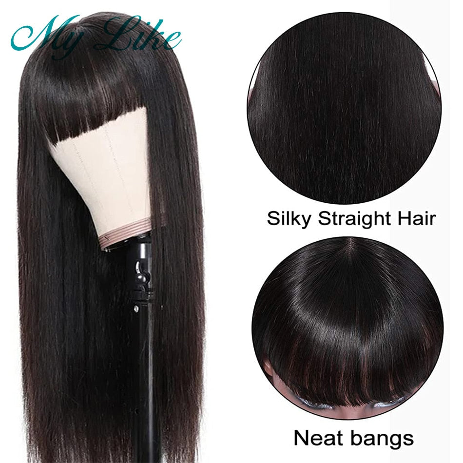 Straight Human Hair Wigs with Bangs Full Machine Wigs for Women Brazilian Hair Wigs with Bangs Cheap Natural Black Fringe Wig