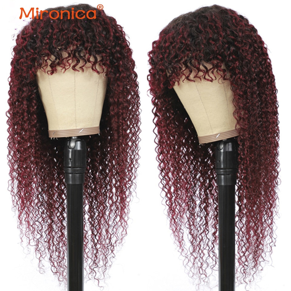 MIRONICA Malaysian Kinky Curly Human Hair Wigs With Bangs 99j #4 T1b/30 Ombre Full Machine Made Human Hair Wigs For Black Woman