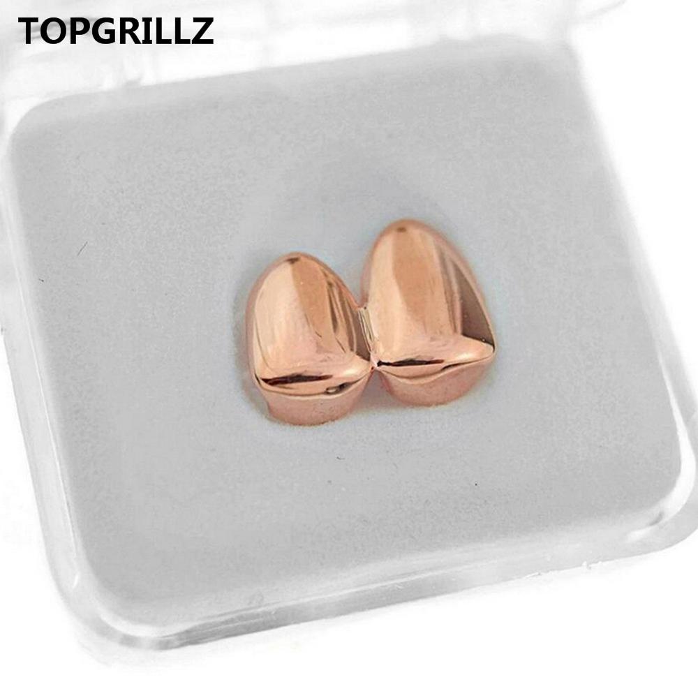TOPGRILLZ Double Caps Yellow Gold Color Plated Grillz Canine Plain Two Teeth Right Top Single Caps Grills