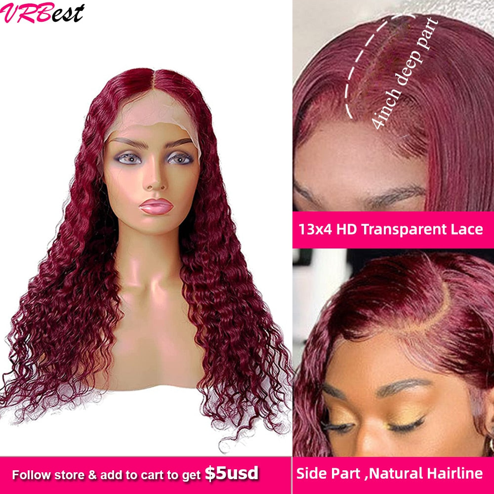 99J Colored Lace Front Human Hair Wigs Deep Wave Burgundy 13x4 HD Transparent Lace Frontal Wig Glueless Wine Red Wig For Women