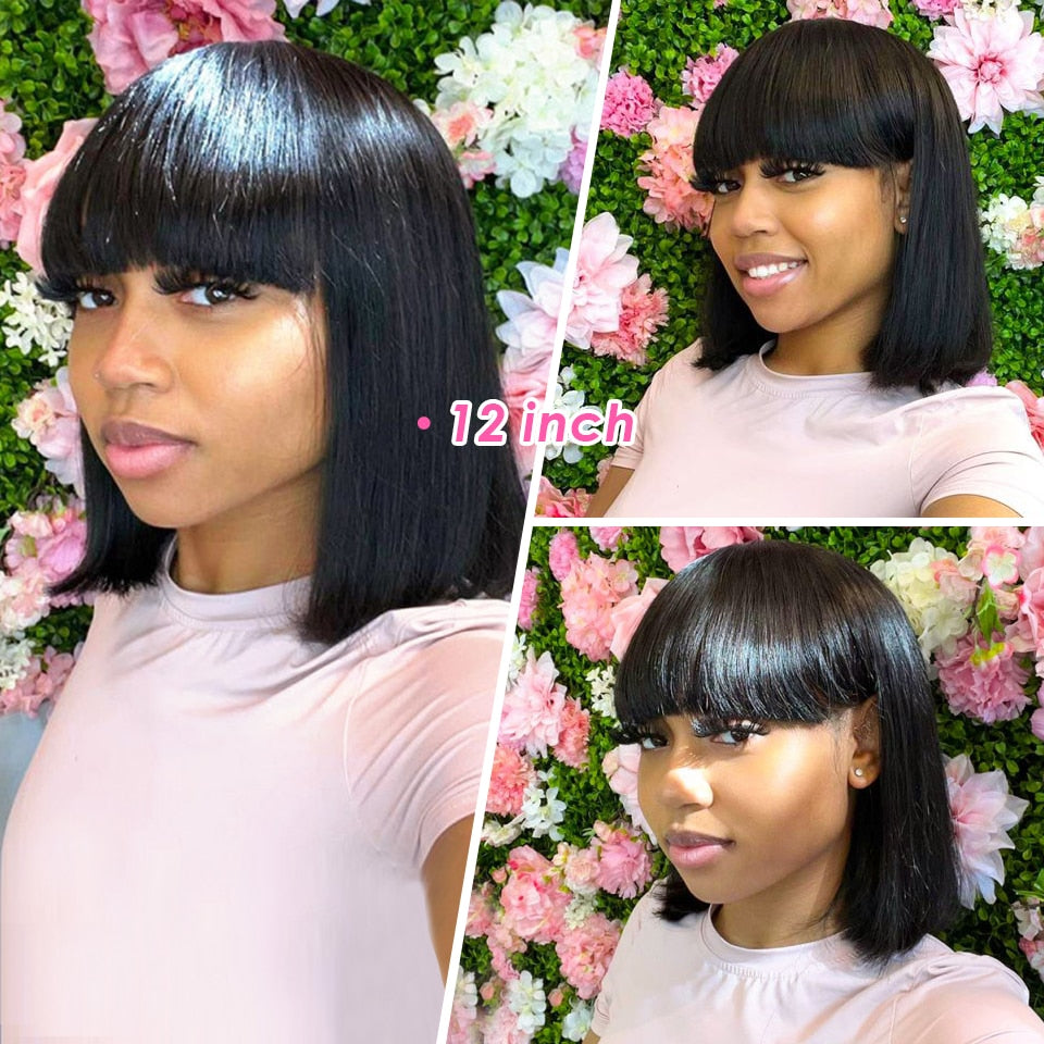 Short Straight Hair Bob Wigs Brazilian Human Hair Wig With Bangs Remy Full Machine Made Wig for Women Non Lace Glueless Bob Wig