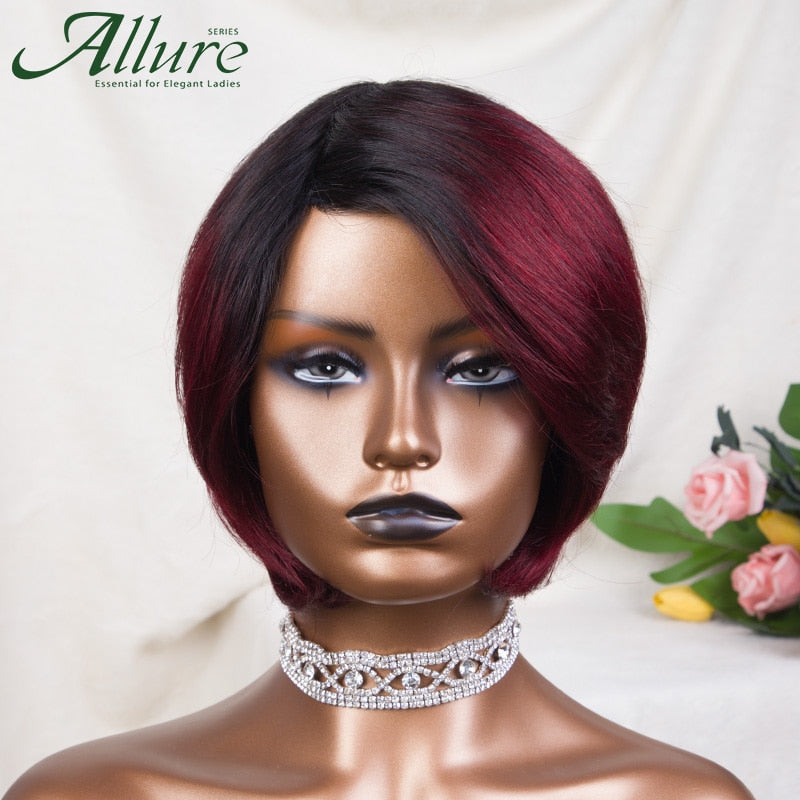 Ombre Burgundy Short Bob Wig With Bangs Side Part Bob Human Hair Wigs For Black Women Cheap Colored Brazilian Hair Wigs Allure