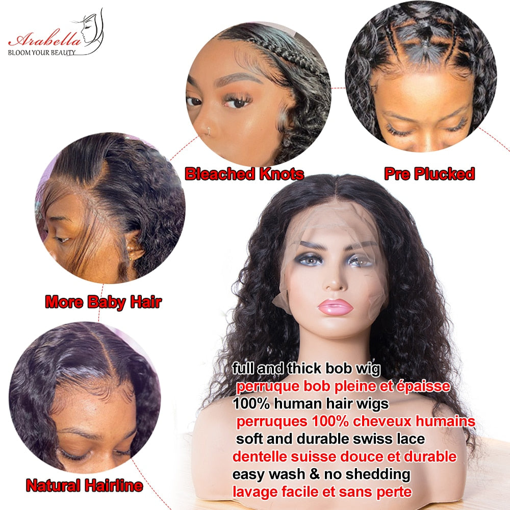 Lace Front Human Hair Wigs Bob Water Wave Transparent Lace Wig Pre Plucked Bleached Knots Arabella T Part Wig Remy Hair Bob Wig