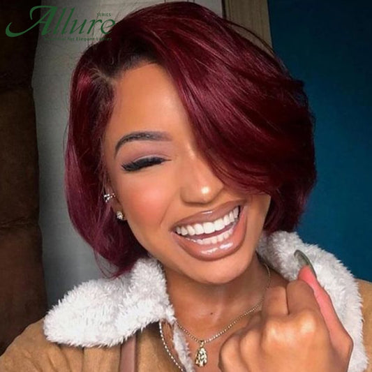 Ombre Burgundy Short Bob Wig With Bangs Side Part Bob Human Hair Wigs For Black Women Cheap Colored Brazilian Hair Wigs Allure