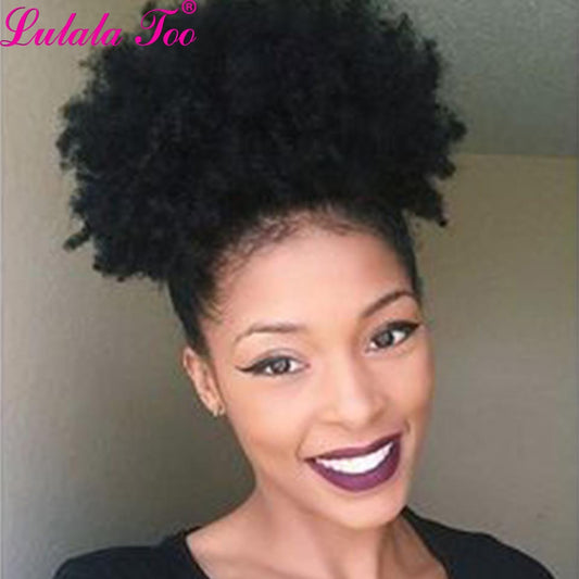 Yepei Afro Drawstring Ponytail Human Hair African Puff Hair Bun Clip In Extensions Kinky Curly Pony tail Remy 8 Inch